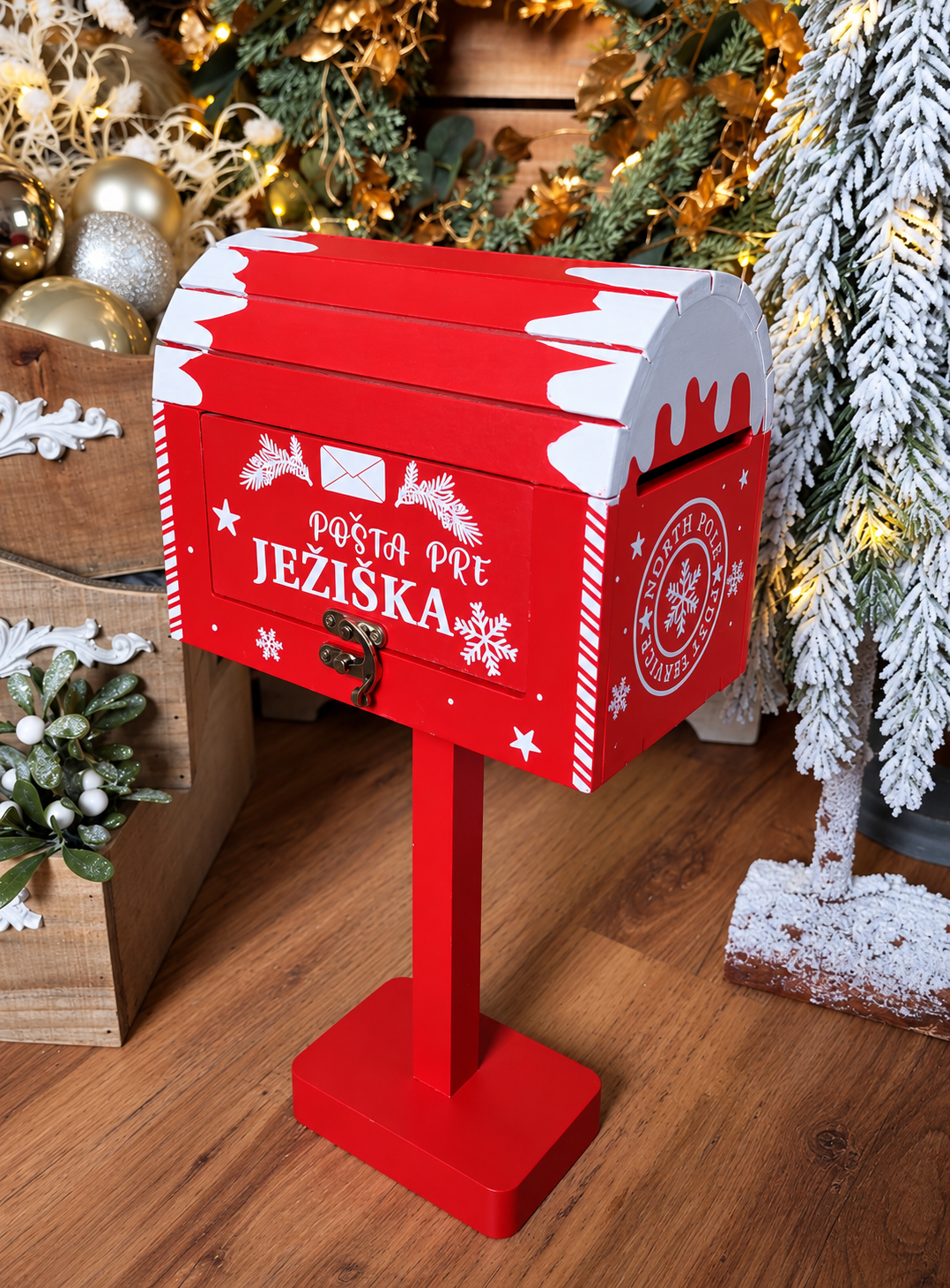 Vianočná poštová schránka pre Ježiška na stojane 40cm (Červeno-biela, Drevo)