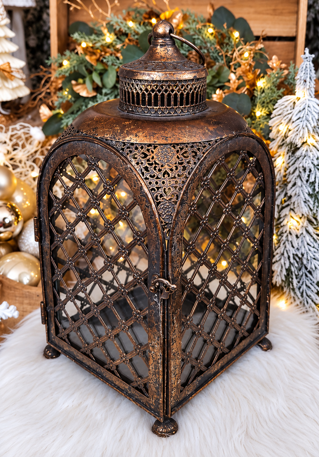 Vianočný kovový lampáš so sklom 35x16x16cm bronzový