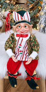 Vianočná dekorácia sediaci elf s okuliarmi 40cm červeno-zelený