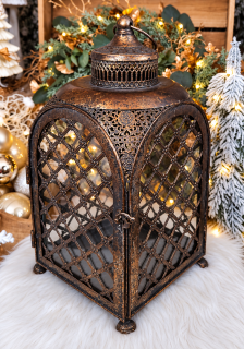 Vianočný kovový lampáš so sklom 35x16x16cm bronzový